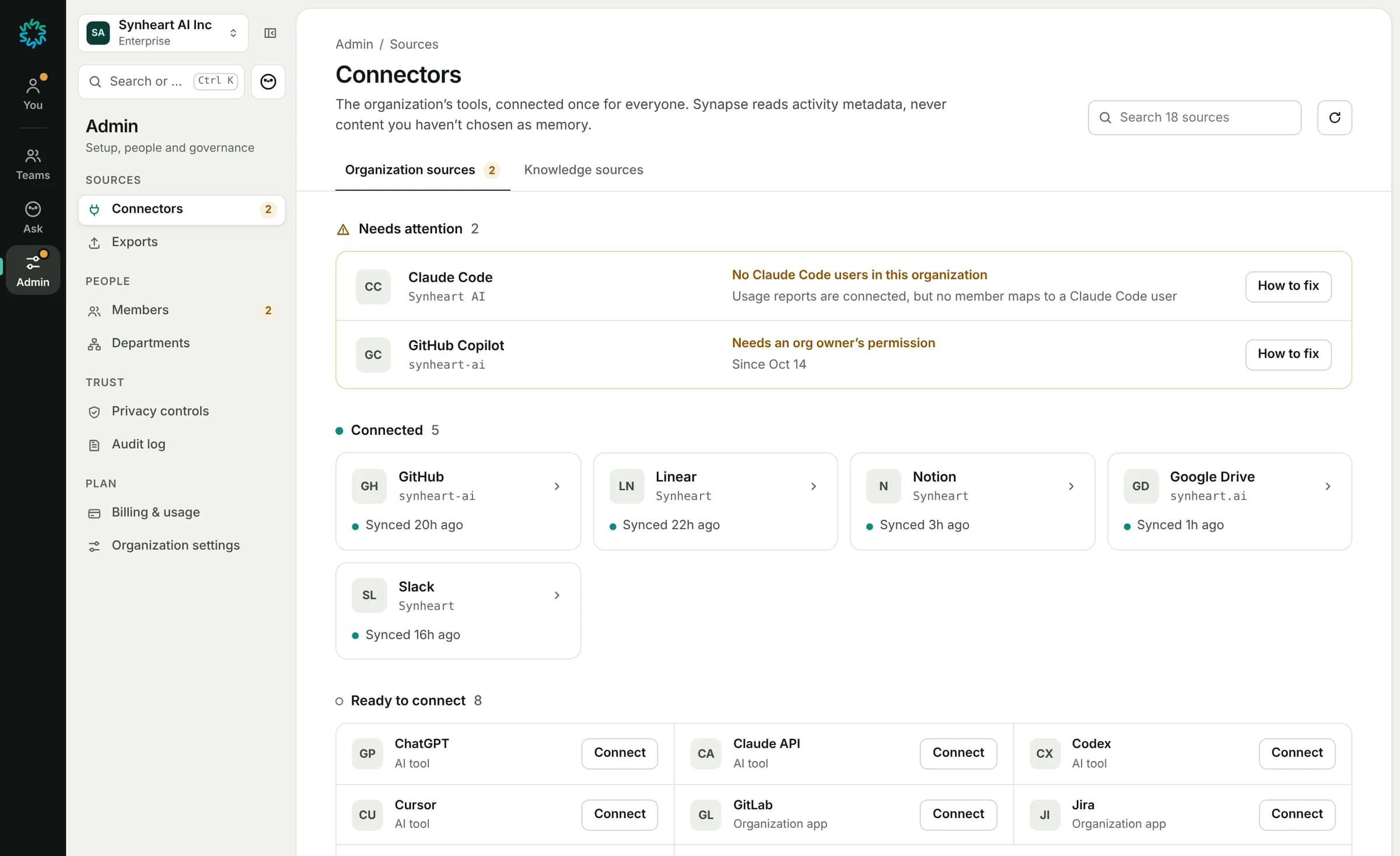 Connectors page: needs attention, connected sources, sources ready to connect and Microsoft 365 tools